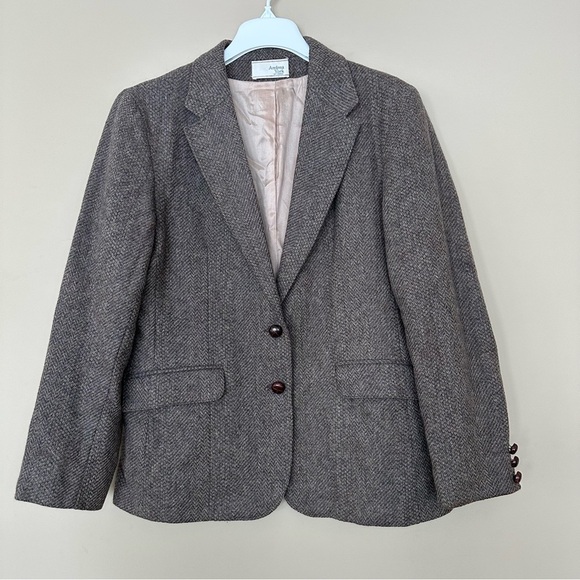 Vintage Andrea York by Farah Women 16 Wool Blazer Herringbone Academia Brown Gra - Picture 1 of 12